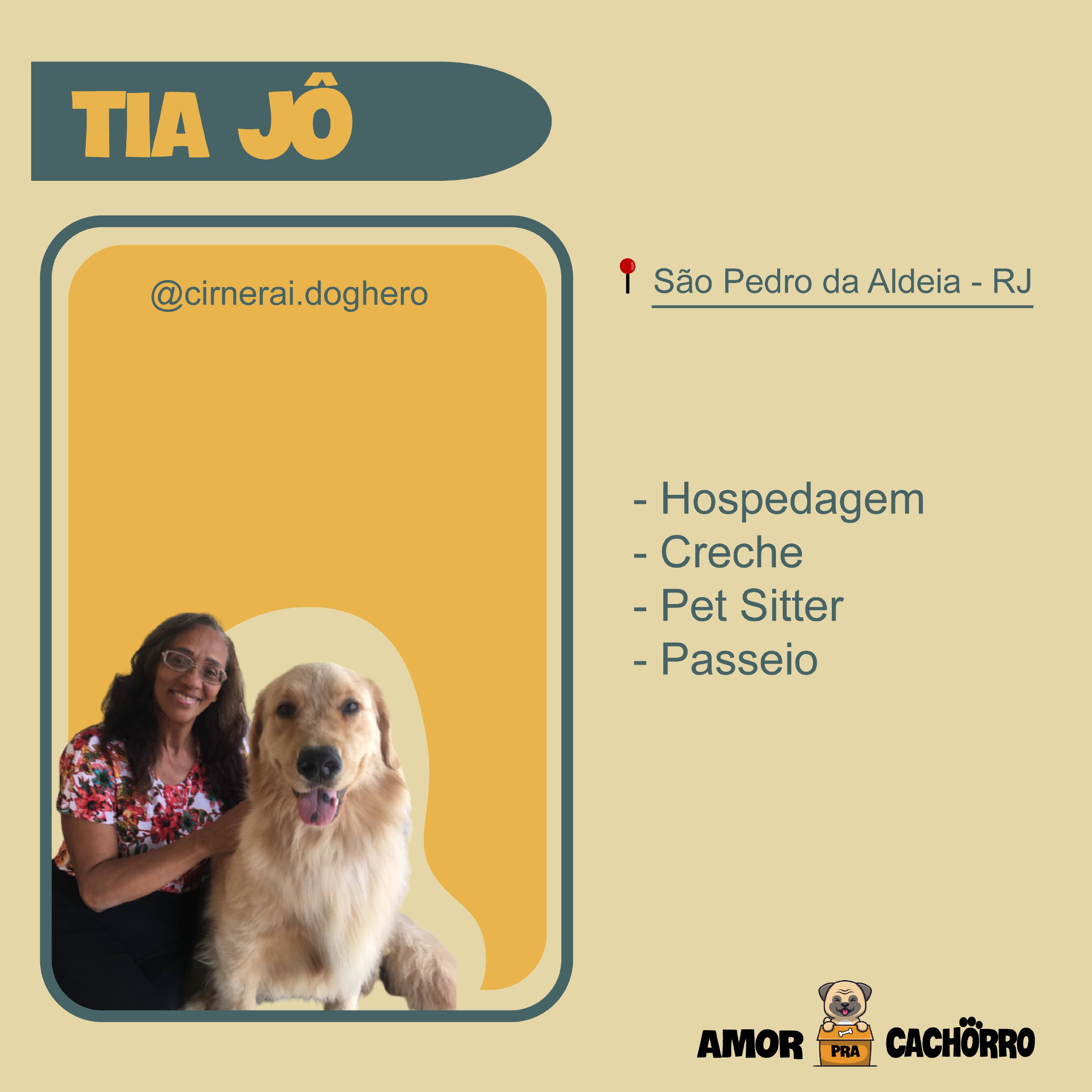 tia Jô sorrindo com um cachorro da raça golden ao lado
